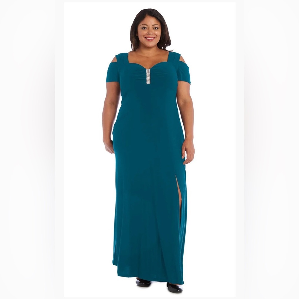 NWT R&M RICHARDS SZ 18W Teal Glamorous Thigh High Slit Evening Gown #1367W
